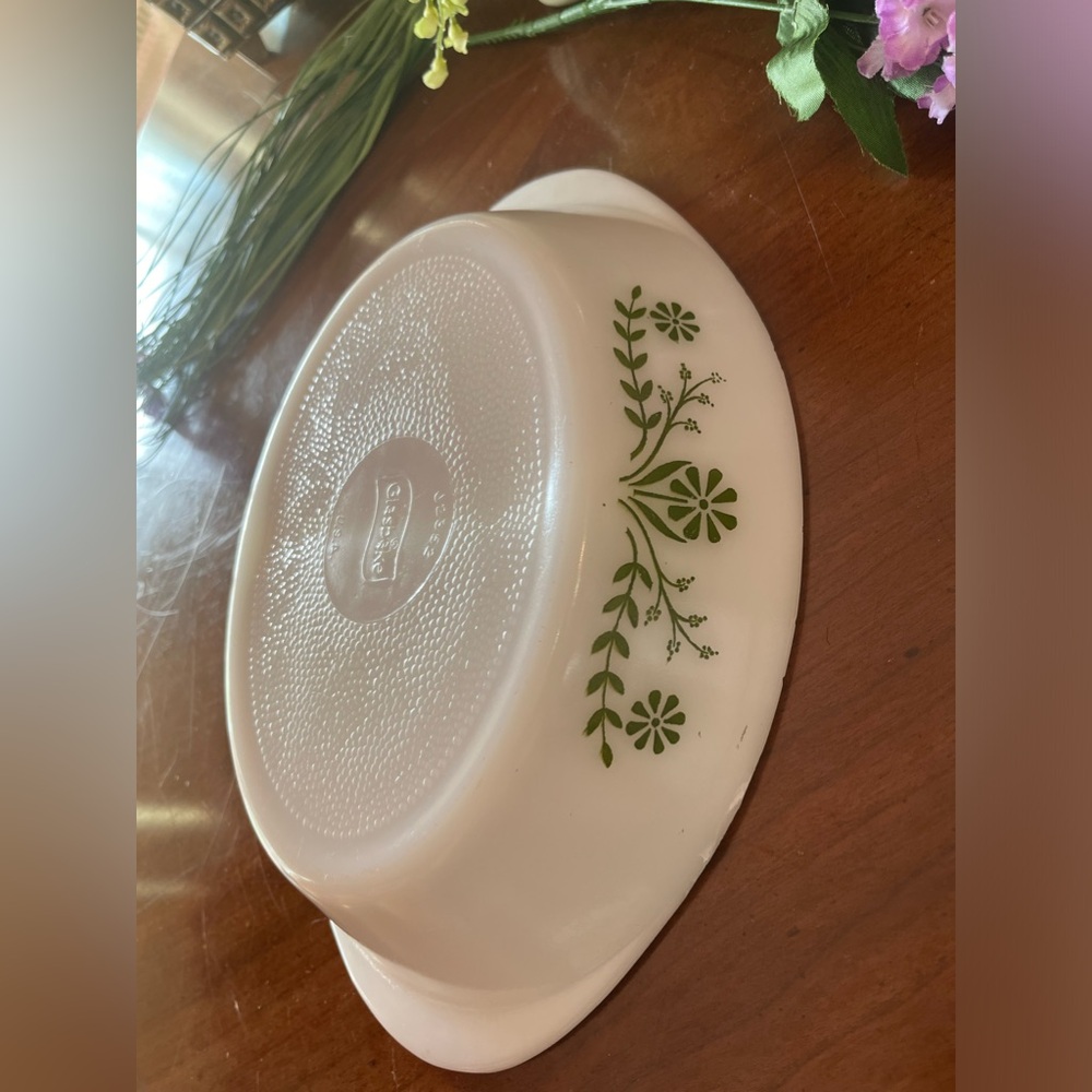 VTG Glasbake Green Daisy Milkglass Divided Oval Serving Baking Dish J2352